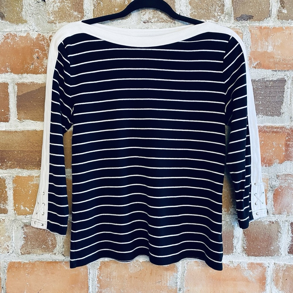 Chaps Boat Neck M Black White Stripe Lace Up 3/4 Sleeve Nautical Coastal Preppy - Picture 2 of 13